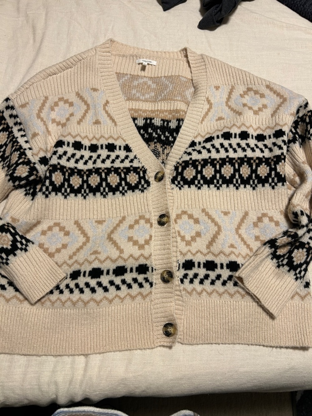 Maurices Beige Fair Isle Button Cardigan with Black Accents